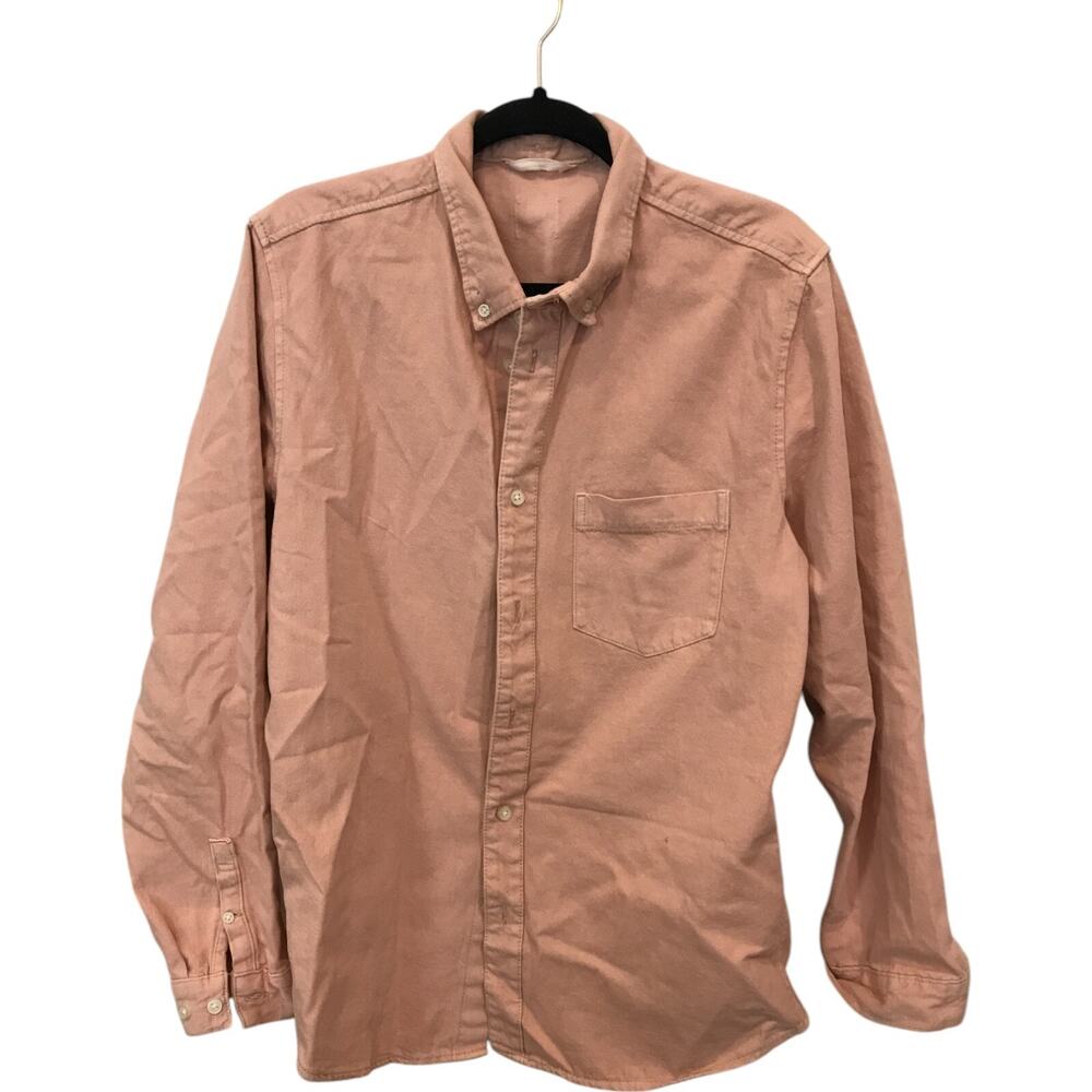 Mens Button Down Shirt Light Peach Long Sleeve Chest Pocket Casual Office Wear